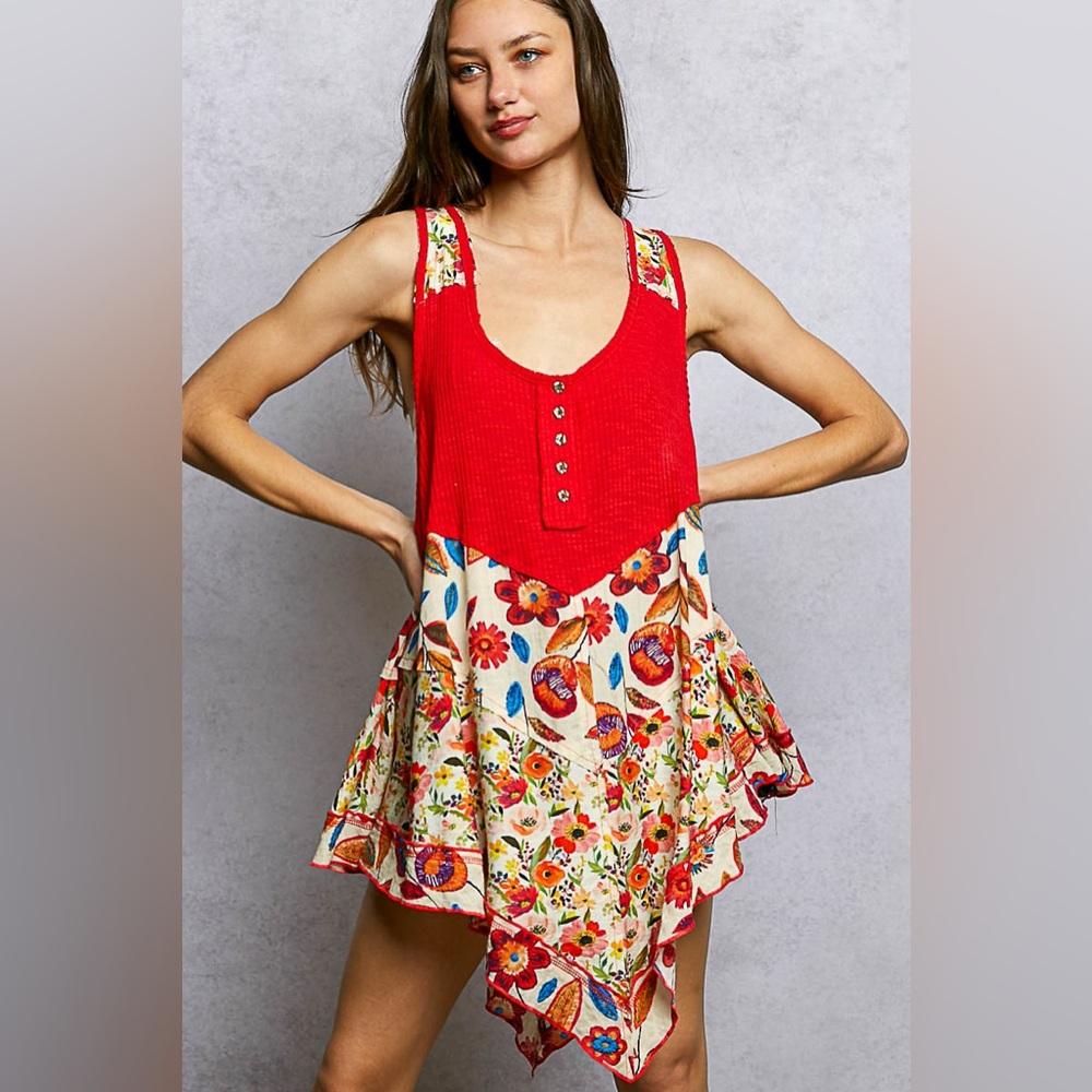POL Round Neck Ribbed Tank with Woven Print Patch
